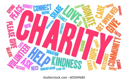 Charity word cloud on a white background.  