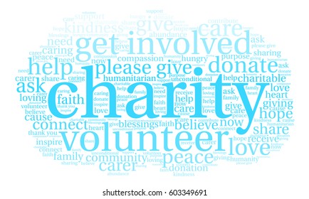 Charity word cloud on a white background.  