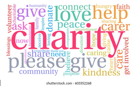 Charity word cloud on a white background.  