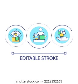 Charity Work Loop Concept Icon. Volunteer Opportunities Abstract Idea Thin Line Illustration. Collecting Clothing And Feeding People. Isolated Outline Drawing. Editable Stroke. Arial Font Used