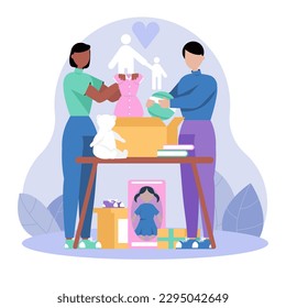 Charity workers preparing clothes and other items for orphanages. Two faceless people putting dresses and toys into cardboard boxes. Flat vector illustration