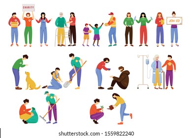 Charity works flat vector illustrations set. Selfless volunteers, young activists isolated cartoon characters. Environment and homeless animals care. Elderly and poor people support design elements