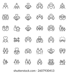 "Charity-Donate NGO Editable Stroke Icons: Solidarity, Trust, and Social Care Vector Collection"