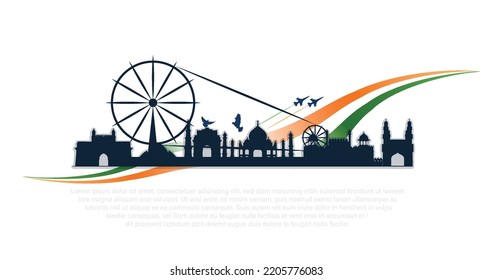 Charkha in minimal style with famous Indian monuments on dark color. Gandhi Jayanti 2 October concept for Gandhi Birth Anniversary.