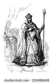 Charlemagne Emperor of the West was always seen chanting giants, fairies, vintage engraved line art illustration. Infernal Dictionary 1863.