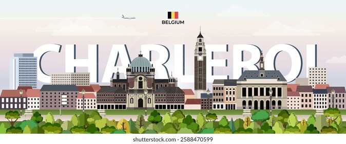 Charleroi cityscape colorful vector illustration with big city name on the background. Travel trendy poster