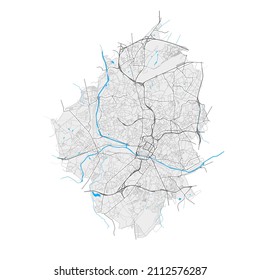 Charleroi, Hainaut, Belgium high resolution vector map with city boundaries and editable paths. White outlines for main roads. Many detailed paths. Blue shapes and lines for water.