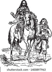 Charles I and armor bearer was one who held a sword and shield and who stood beside their leader offering protection from any enemy that rose up against them, vintage line drawing or engraving