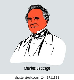 Charles Babbage - English mathematician, inventor of the first analytical computer. Hand drawn vector illustration svg