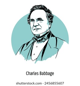 Charles Babbage was an English mathematician, inventor of the first analytical calculating machine. Hand drawn vector illustration svg