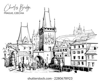 Vista de la ciudad de Charles Bridge en Praga, República Checa. Dibujo de línea negra aislado en fondo blanco. Ilustración vectorial EPS 10.