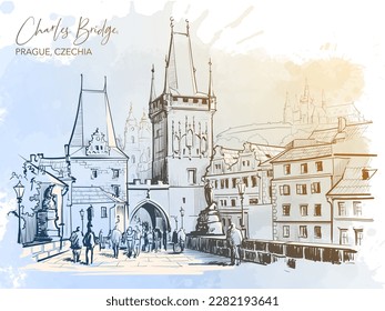 Charles Bridge city view in Prague, Czech Republic. Line drawing isolated on watercolour textured grunge background. EPS 10 vector illustration.