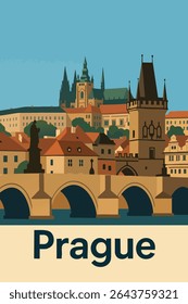 A Ponte Charles, com suas estátuas históricas e caminho de paralelepípedos, oferece vistas deslumbrantes do majestoso Castelo de Praga ao fundo. 