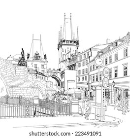 Charles Bridge - Prague, Czech Republic. Vector drawing