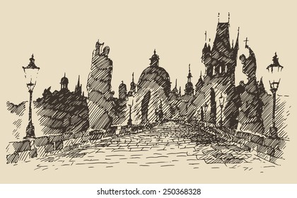 Charles Bridge (Prague, Czech Republic) vintage engraved illustration, hand drawn