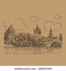 Charles bridge, Prague, Czech Republic. Vector hand drawn sketch.