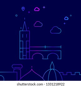 Charles Bridge, Prague Vector Line Illustration. Historical Landmarks Gradient Icon, Symbol, Pictogram, Sign. Dark Blue Background. Light Abstract Geometric Background. Related Bottom Border