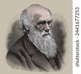 Charles Darwin, colored vector illustration from old engraving from Meyers Lexicon published 1914 in Leipzig