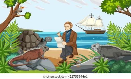 Charles Darwin Expedition to Galapagos Concept illustration