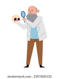 charles darwin with a loupe and skull vector isolated