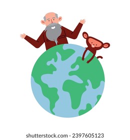 charles darwin with a monkey on top of the world vector isolated