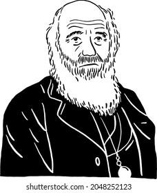 Charles Darwin Naturalist Geologist And Biologist Portrait Hand Drawn Line Art Illustration