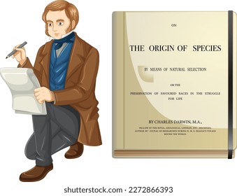 Charles Darwin and The origin of species book illustration