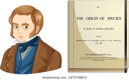 Charles Darwin and The origin of species book illustration