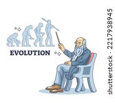 Charles Darwin with popular evolution theory for origins outline concept. Scientific history professor with revolutionary and legendary ancestor findings vector illustration. Old biology knowledge.
