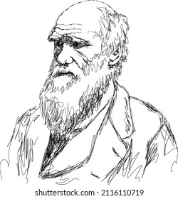 Charles Darwin portrait illustration, hand-drawn scribble art sketch drawing, semi abstract vector line art