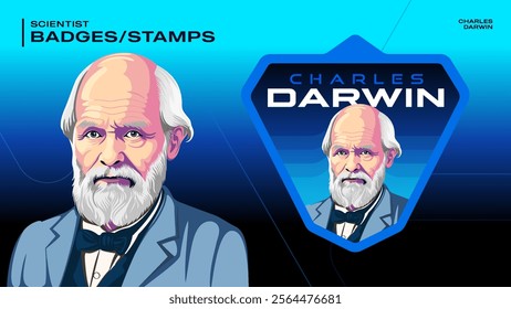 Charles Darwin Scientist Badges and Stamps-Illustrated Vector Design for Educational and Collectible Artwork