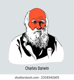 Charles Darwin was a scientist and traveler, the author of the idea of the evolutionary development of all living things. Hand-drawn vector illustration.