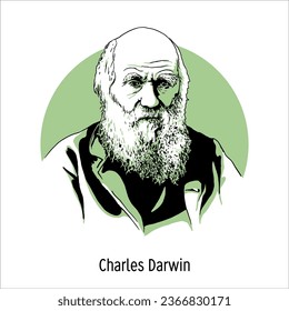 Científico y viajero Charles Darwin, autor de la idea del desarrollo evolutivo de todos los seres vivos. Ilustración vectorial dibujada a mano.