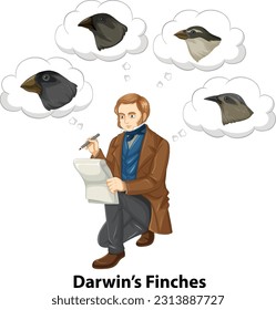 Charles Darwin thinking about finches birds illustration