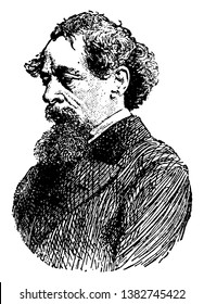 Charles Dickens, 1812-1870, he was an English writer and social critic, one of the most popular English novelists of the Victorian era as well as a vigorous social campaigner, vintage line drawing