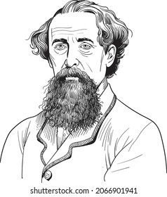 Charles Dickens, fue un escritor inglés y crítico social, uno de los novelistas ingleses más populares, retrato de arte de línea, vector.