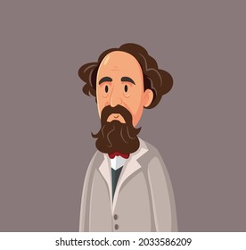 Charles Dickens Vector Cartoon Illustration. Portrait Of A Victorian Era Famous British Literature Author Personality
