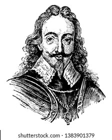 Carlos I, 1600-1649, era rey de los tres reinos de Inglaterra, Escocia e Irlanda de 1625 a 1649, dibujo o ilustración de la línea vintage