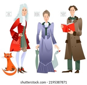 Charles Perrault, Selma Ottilia Lovisa Lagerlöf, Hans Christian Andersen. Conocidos narradores. Cuentos de hadas. Ilustración del vector

