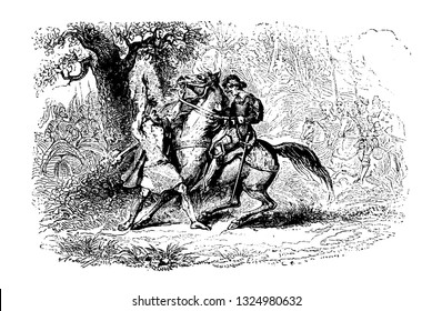 Charles VI, King of France coming out of bush in the forest met an stranger man who had hideous figure wearing a white dress grasp the bridle of his horse, vintage illustration. Infernal Dictionary 