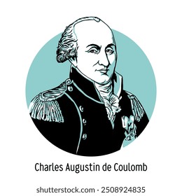 Charles-Augustin de Coulomb war ein französischer Militäringenieur und Physikwissenschaftler und Forscher elektromagnetischer und mechanischer Phänomene. Handgezeichnete Vektorgrafik