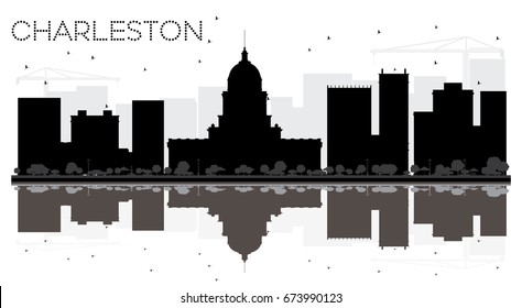 Charleston City skyline black and white silhouette with reflections. Vector illustration. Cityscape with landmarks.