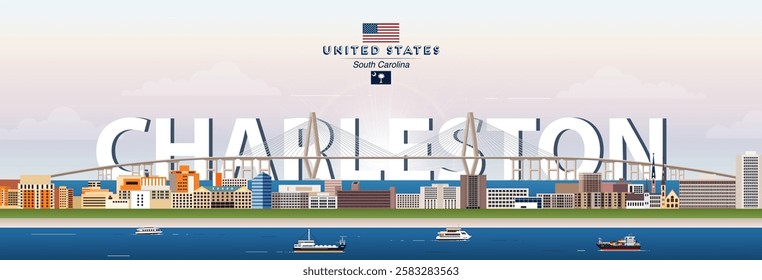 Charleston city skyline colorful vector illustration. Travel poster