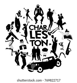 Charleston dance icons. Cars, flapper girls, gangsters and dancers from Charleston