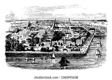 Charleston, founded in 1670 honoring King Charles 2nd of England vintage line drawing.