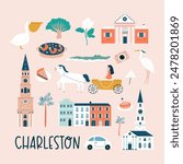 Charleston hand drawn poster, decoration with famous symbols and landmarks of city.