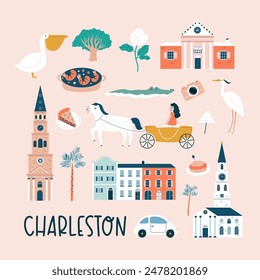 Cartel dibujado a mano de Charleston, decoración con símbolos famosos y Lugares famosos de la ciudad.