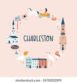 Cartel dibujado a mano de Charleston, decoración con símbolos famosos y Lugares famosos de la ciudad.