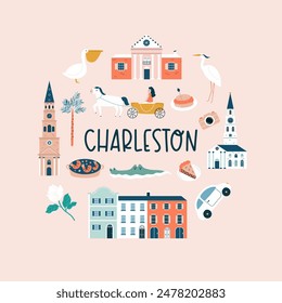 Cartel dibujado a mano de Charleston, decoración con símbolos famosos y Lugares famosos de la ciudad.