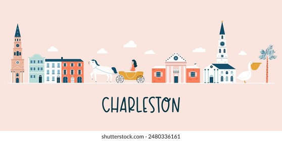 Cartel dibujado a mano de Charleston, decoración con símbolos famosos y Lugares famosos de la ciudad.